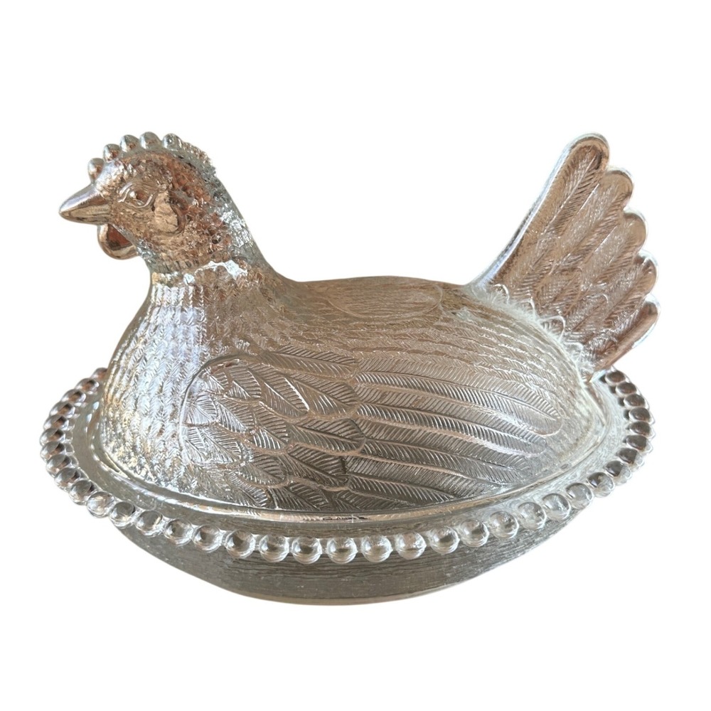 Vintage Clear Indiana Pressed Glass Hen on Nest Covered Candy Dish Beaded Rim